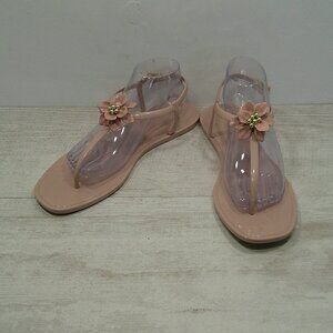 Vince Camuto Jelly Jelynn Flat T-Strap Nude Baby Pink Floral Sandals SZ 11 M